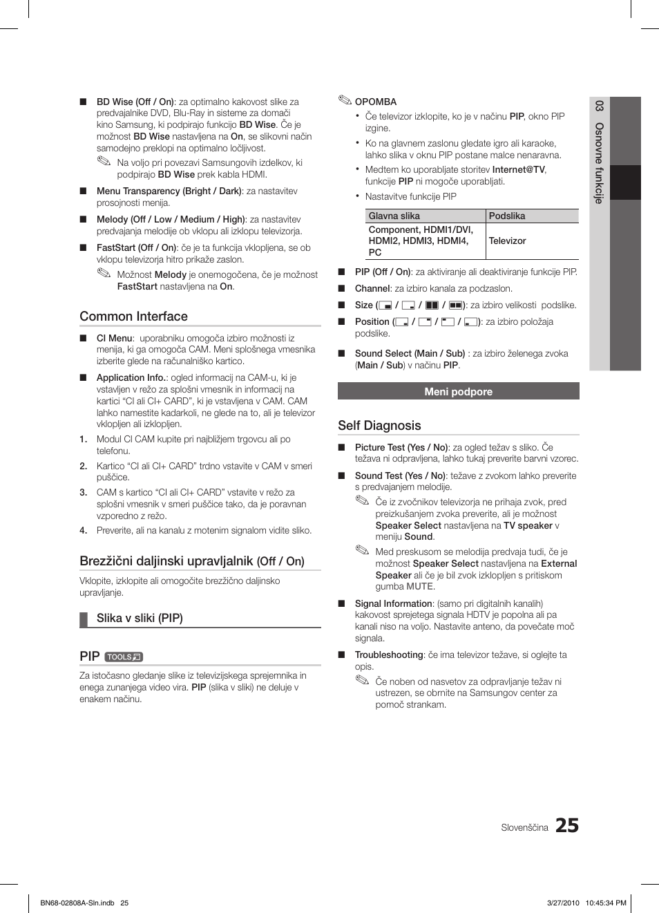 Common interface, Brezžični daljinski upravljalnik, Self diagnosis | Samsung LE46C750R2W User Manual | Page 269 / 368