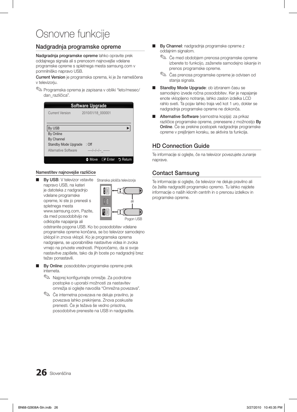 Osnovne funkcije, Nadgradnja programske opreme, Hd connection guide | Contact samsung | Samsung LE46C750R2W User Manual | Page 270 / 368