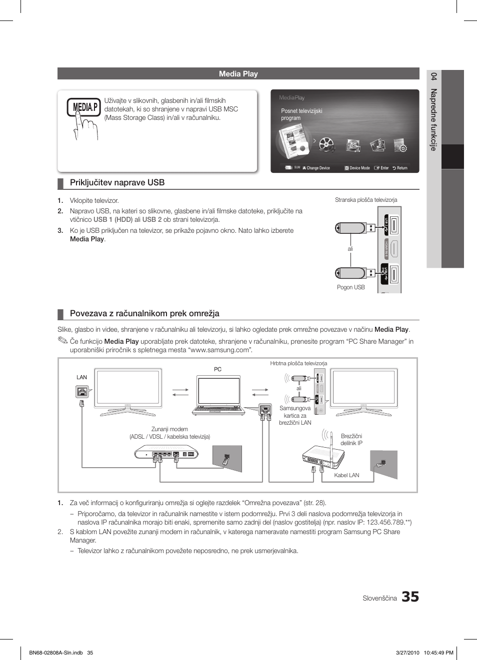 Priključitev naprave usb, Povezava z računalnikom prek omrežja | Samsung LE46C750R2W User Manual | Page 279 / 368