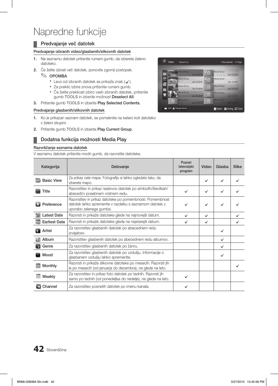 Napredne funkcije, Predvajanje več datotek, Dodatna funkcija možnosti media play | Samsung LE46C750R2W User Manual | Page 286 / 368