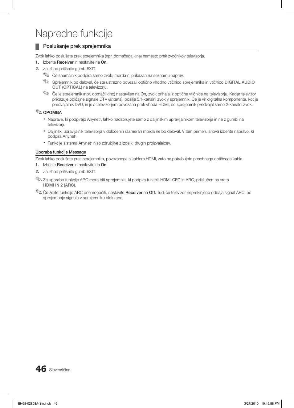 Napredne funkcije | Samsung LE46C750R2W User Manual | Page 290 / 368
