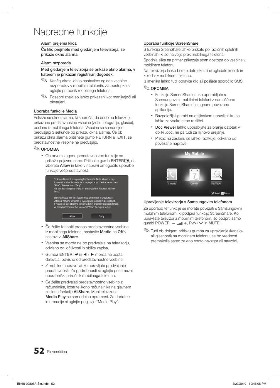 Napredne funkcije | Samsung LE46C750R2W User Manual | Page 296 / 368