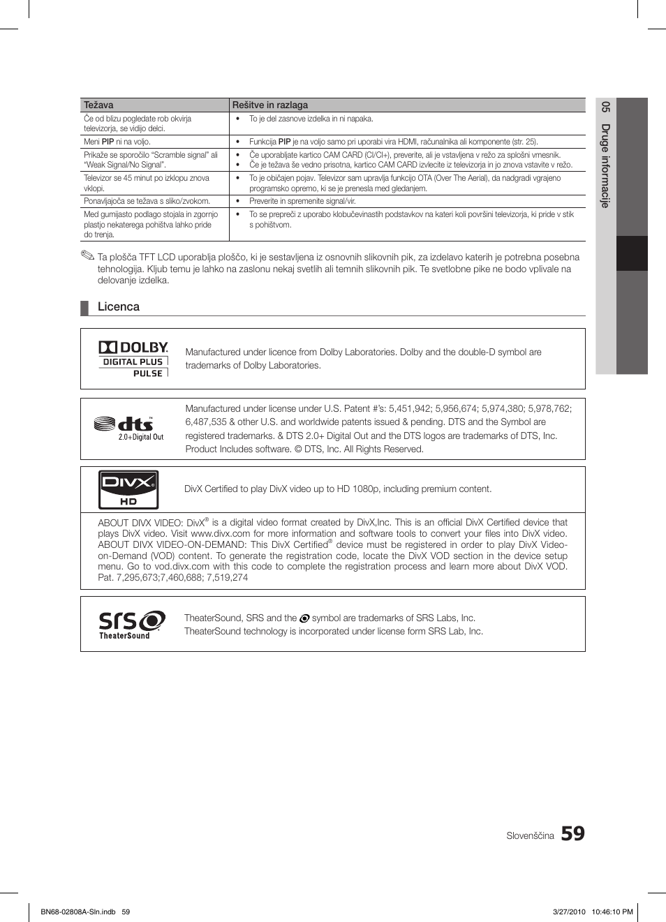 Licenca | Samsung LE46C750R2W User Manual | Page 303 / 368