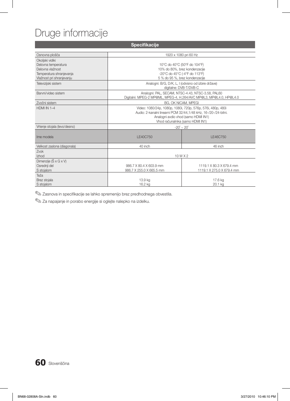 Druge informacije | Samsung LE46C750R2W User Manual | Page 304 / 368