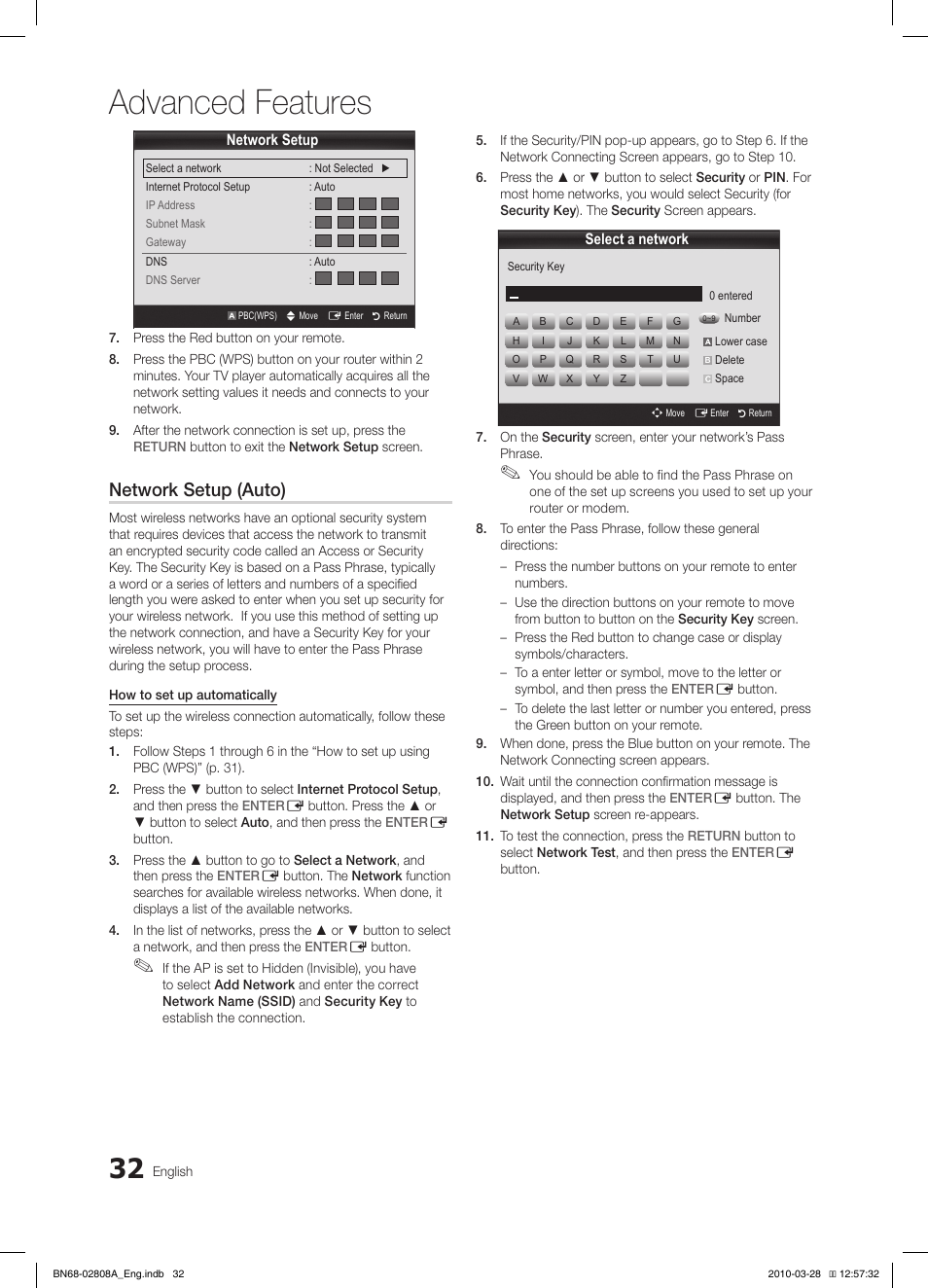 Advanced features, Network setup (auto) | Samsung LE46C750R2W User Manual | Page 32 / 368