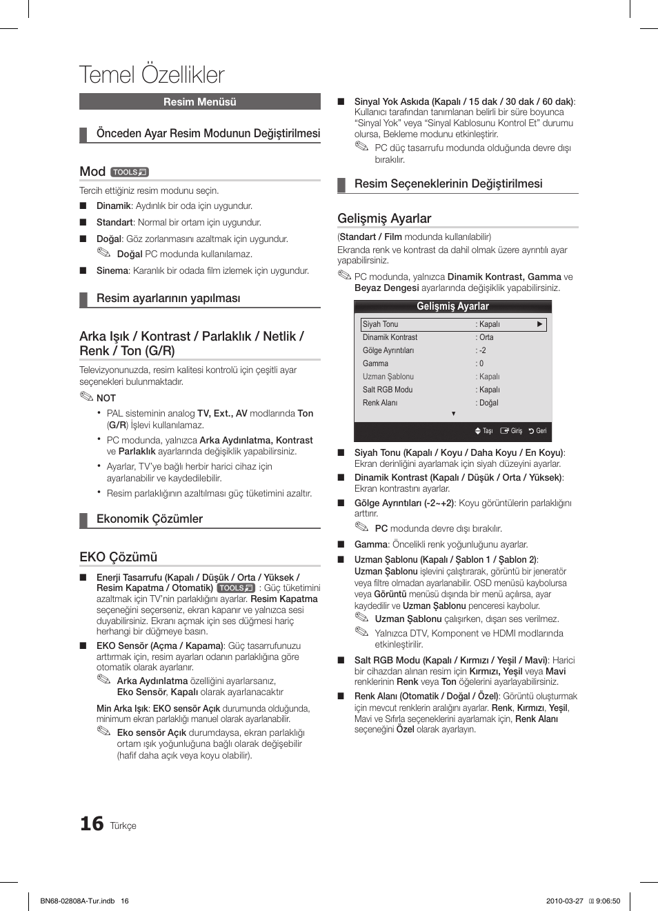 Temel özellikler, Eko çözümü, Gelişmiş ayarlar | Samsung LE46C750R2W User Manual | Page 321 / 368