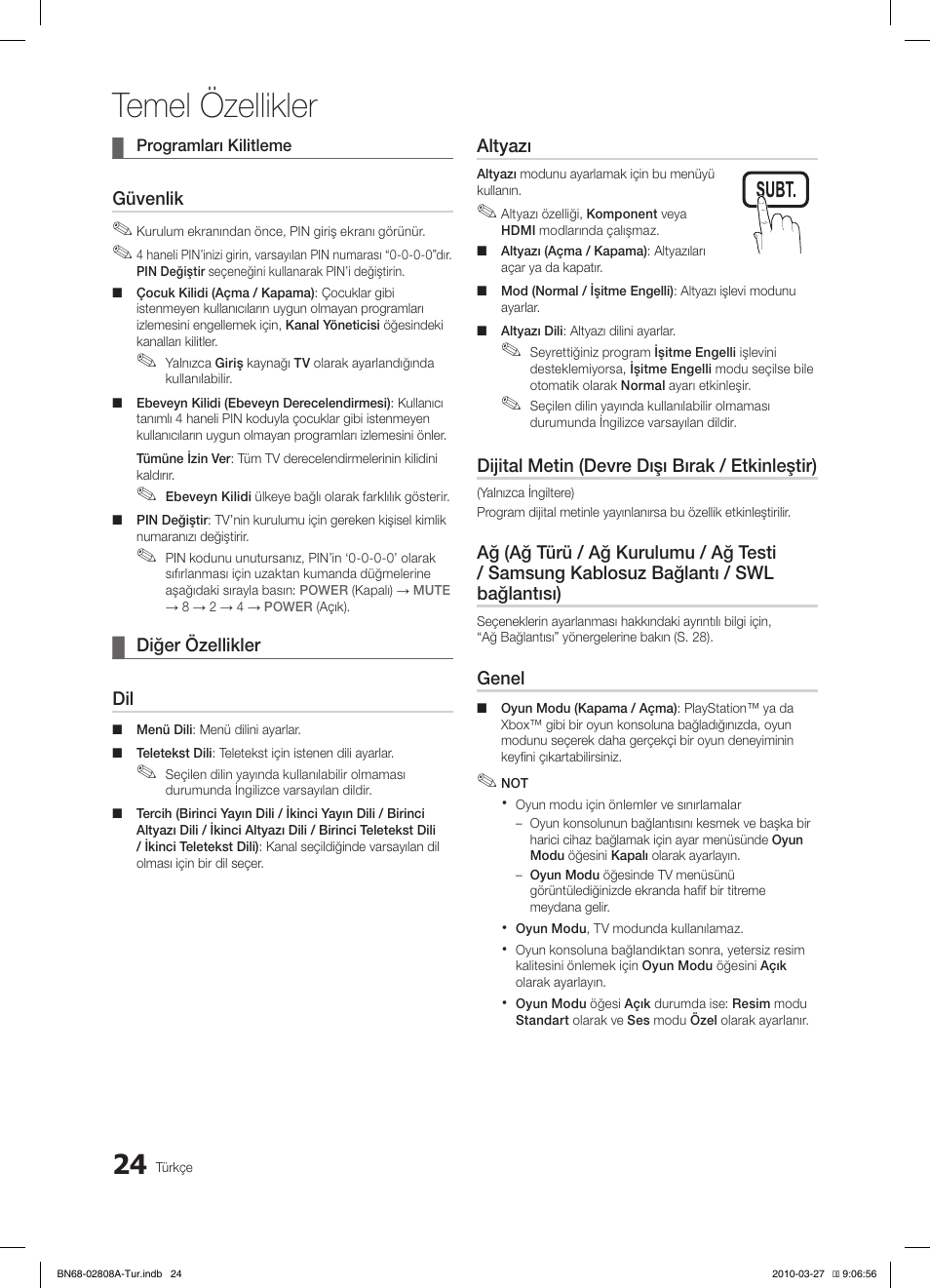 Temel özellikler | Samsung LE46C750R2W User Manual | Page 329 / 368