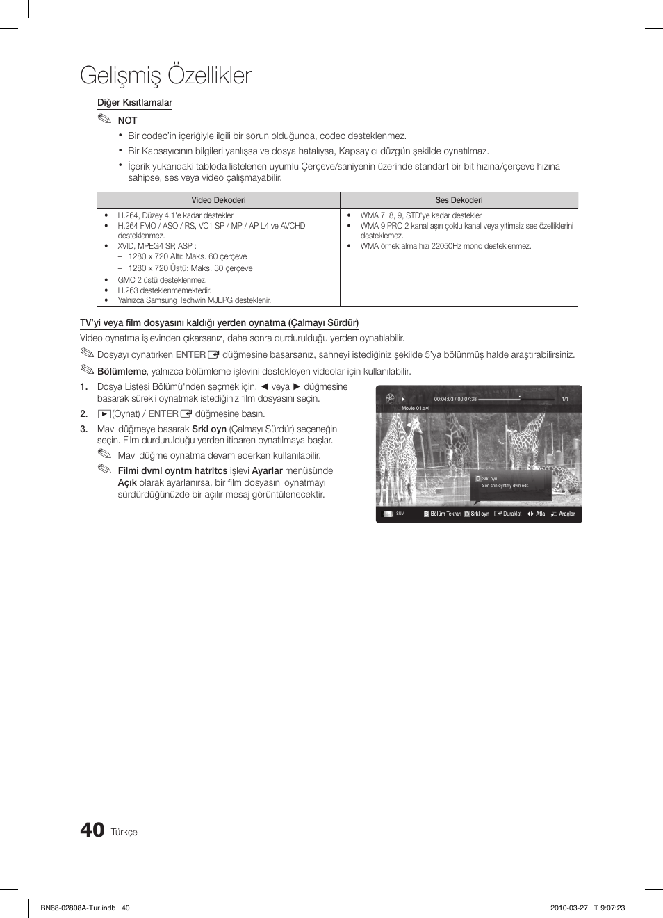 Gelişmiş özellikler | Samsung LE46C750R2W User Manual | Page 345 / 368