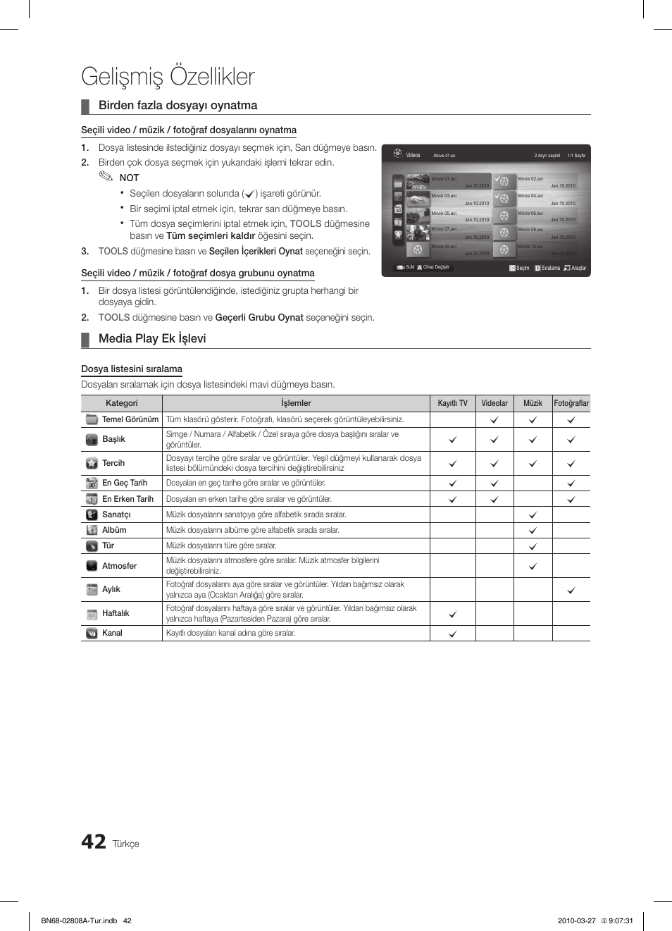 Gelişmiş özellikler, Birden fazla dosyayı oynatma, Media play ek işlevi | Samsung LE46C750R2W User Manual | Page 347 / 368