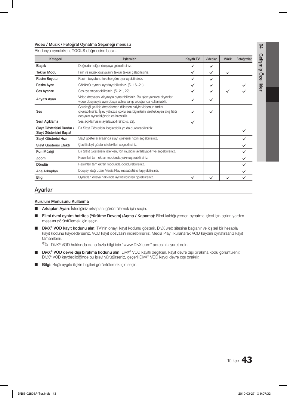 Ayarlar | Samsung LE46C750R2W User Manual | Page 348 / 368