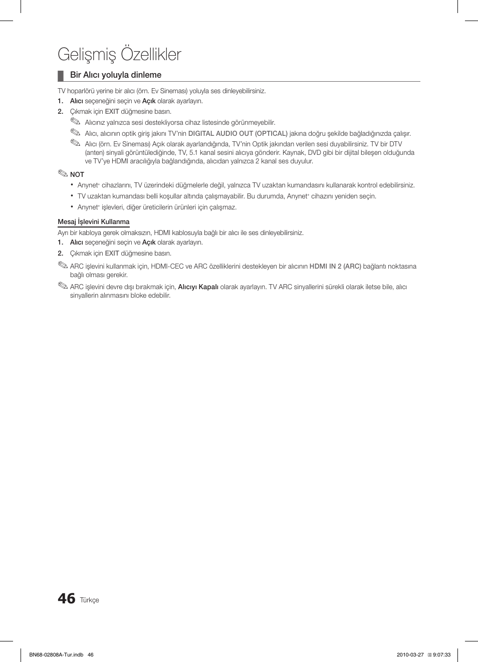 Gelişmiş özellikler | Samsung LE46C750R2W User Manual | Page 351 / 368