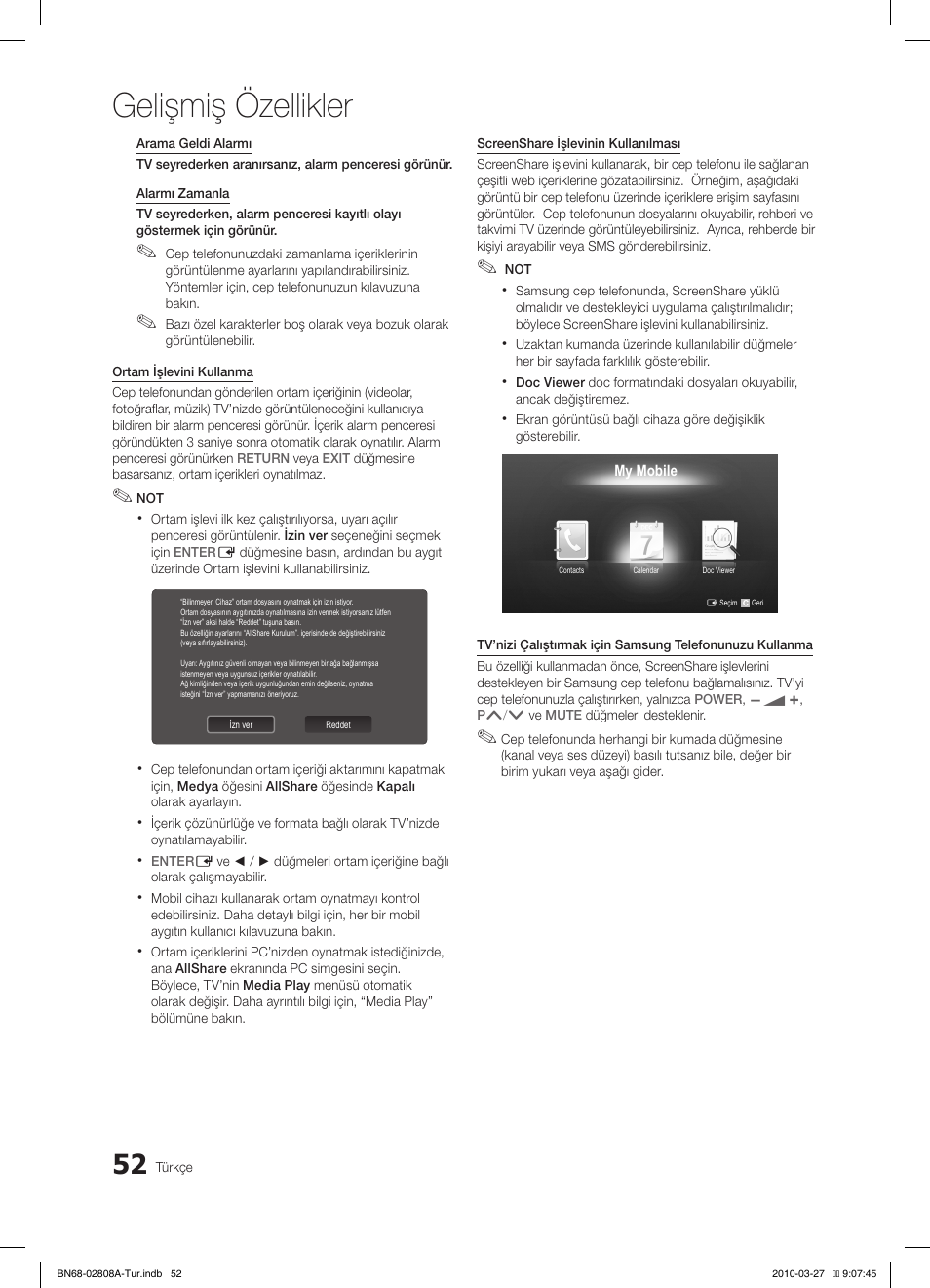 Gelişmiş özellikler | Samsung LE46C750R2W User Manual | Page 357 / 368