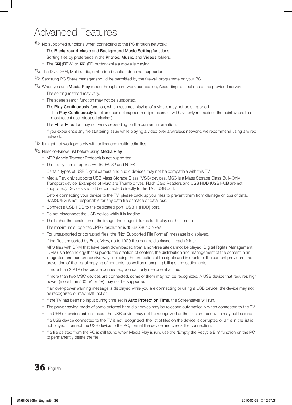 Advanced features | Samsung LE46C750R2W User Manual | Page 36 / 368