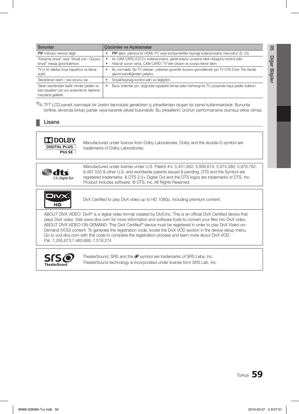 Lisans | Samsung LE46C750R2W User Manual | Page 364 / 368