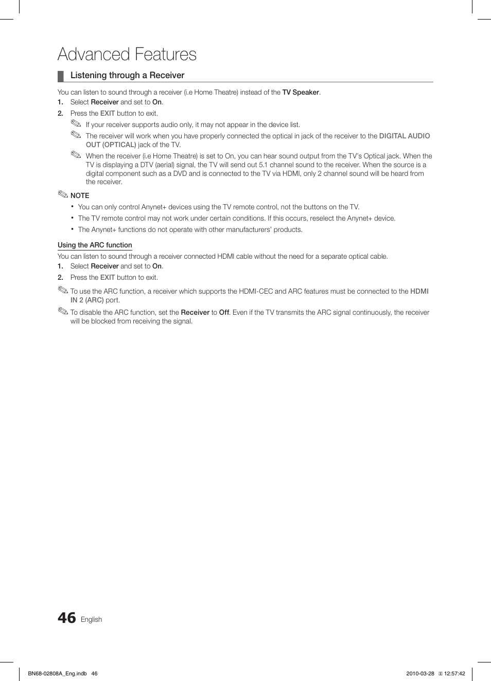 Advanced features | Samsung LE46C750R2W User Manual | Page 46 / 368