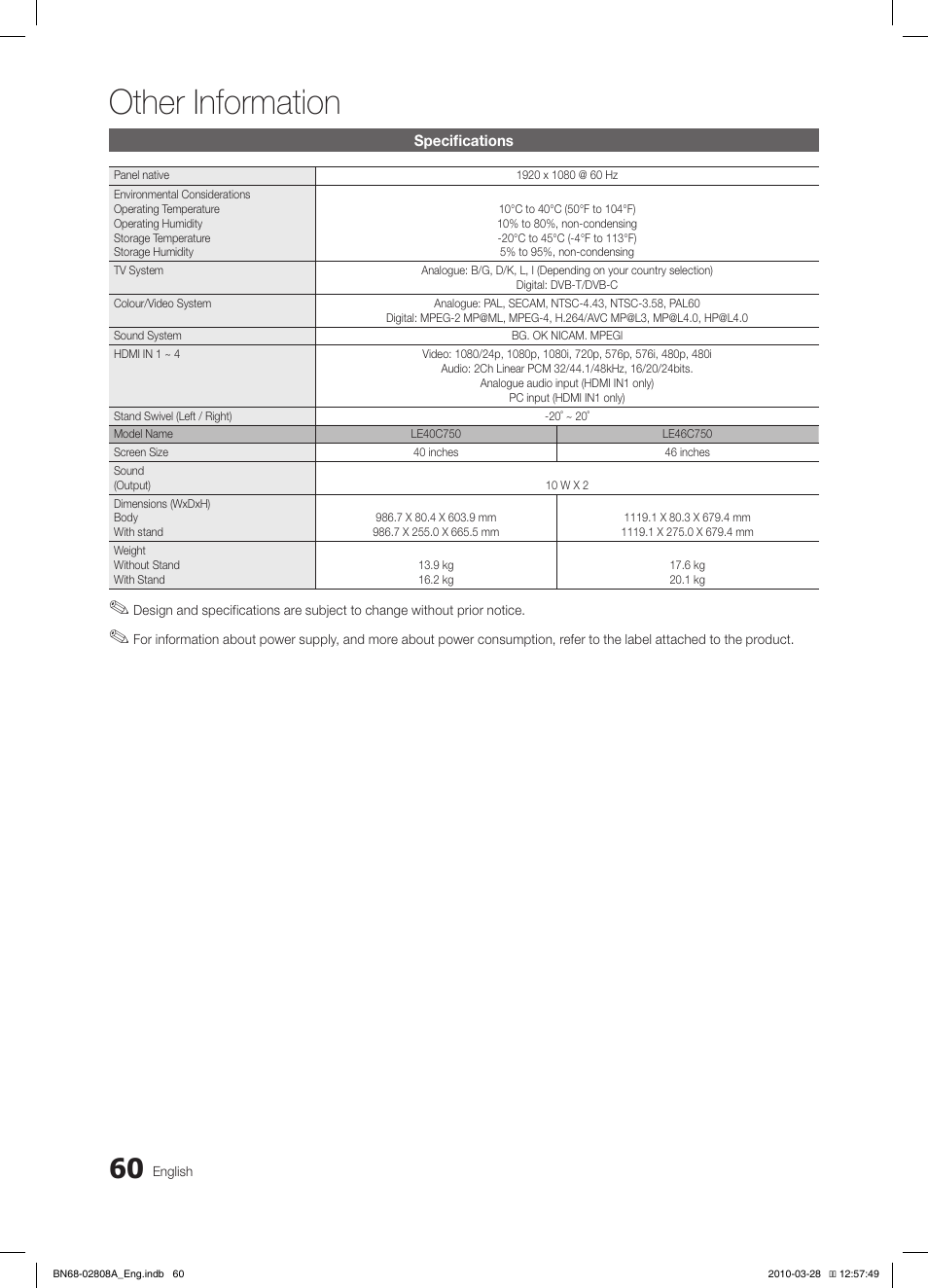 Other information | Samsung LE46C750R2W User Manual | Page 60 / 368