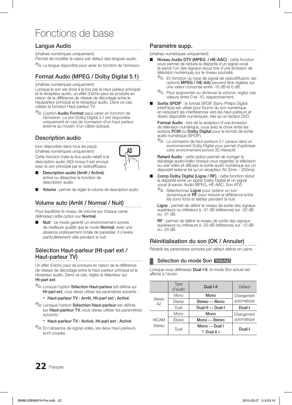Fonctions de base, Langue audio, Format audio (mpeg / dolby digital 5.1) | Description audio, Volume auto (arrêt / normal / nuit), Paramètre supp, Réinitialisation du son (ok / annuler) | Samsung LE46C750R2W User Manual | Page 83 / 368