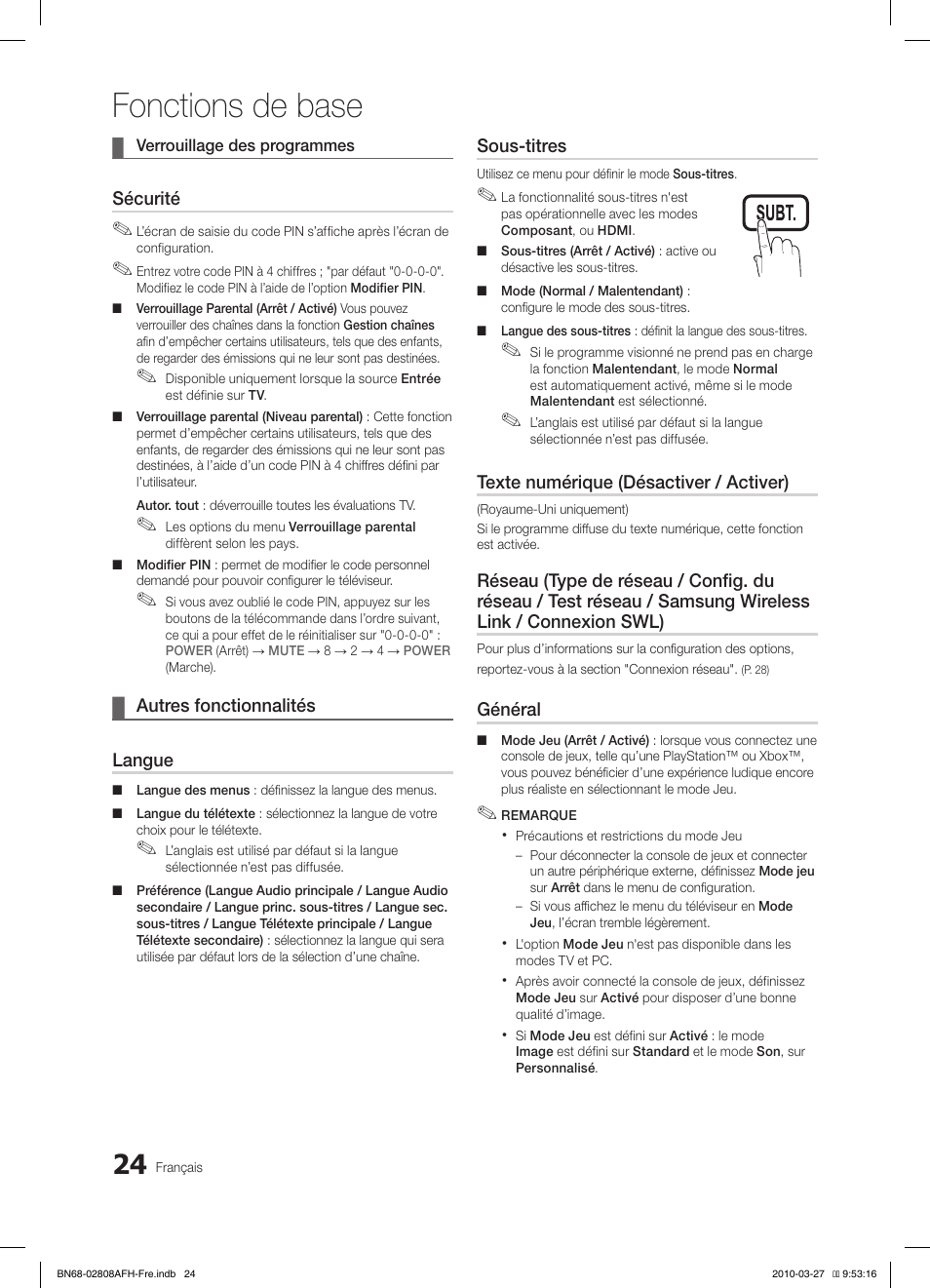 Fonctions de base, Sécurité, Autres fonctionnalités ¦ langue | Sous-titres, Texte numérique (désactiver / activer), Général | Samsung LE46C750R2W User Manual | Page 85 / 368