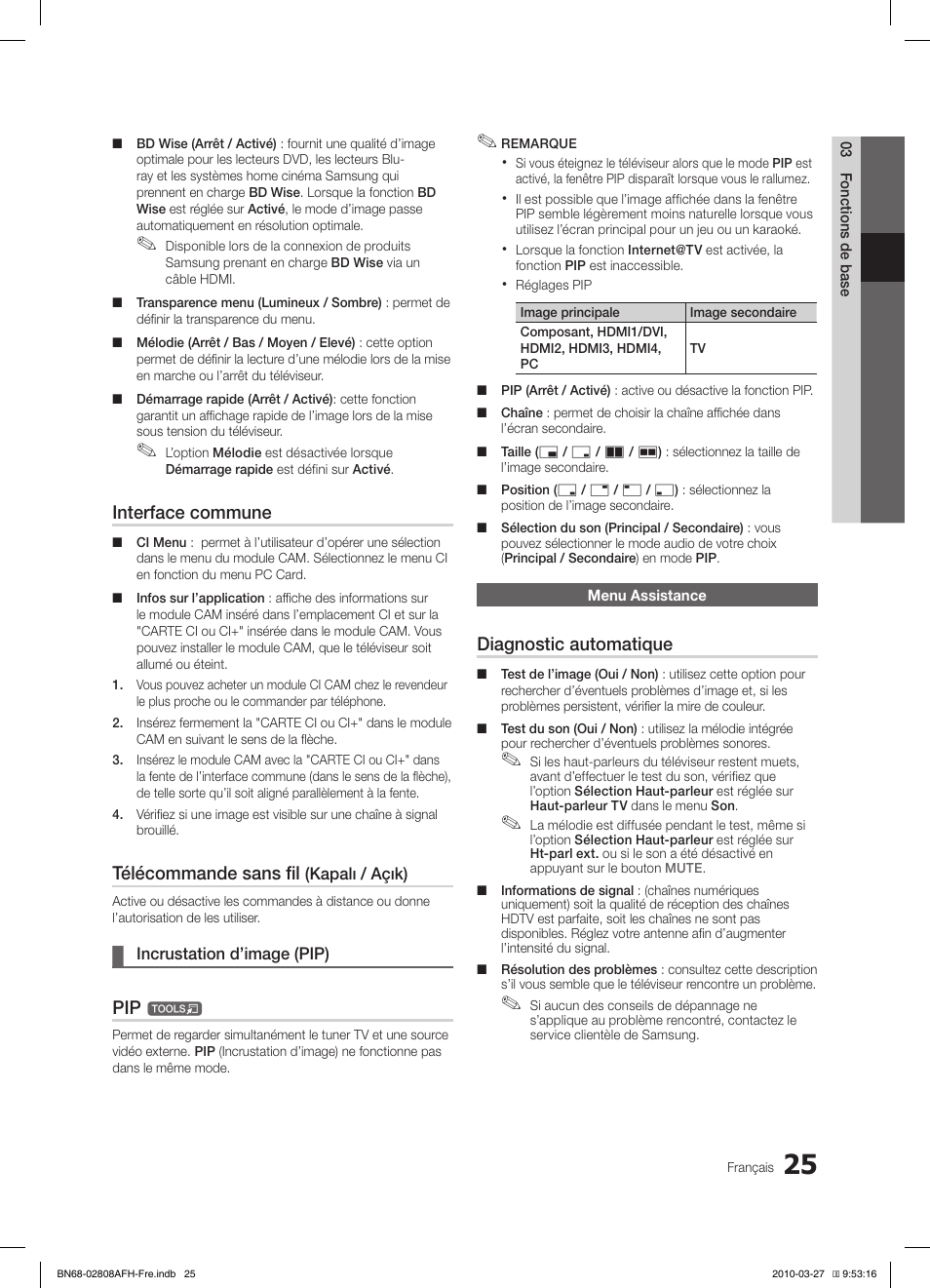 Interface commune, Télécommande sans fil, Diagnostic automatique | Samsung LE46C750R2W User Manual | Page 86 / 368