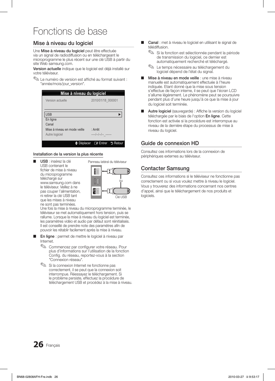 Fonctions de base, Mise à niveau du logiciel, Guide de connexion hd | Contacter samsung | Samsung LE46C750R2W User Manual | Page 87 / 368