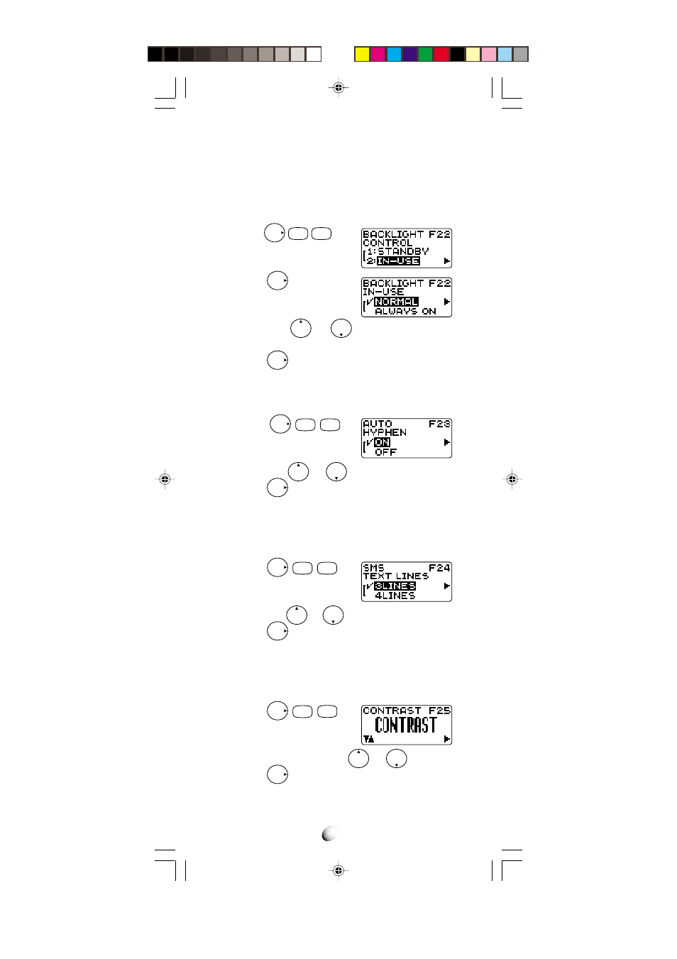 Backlight control (in-use) (f22-2), Auto hyphenation (f23), Sms text lines selection (f24) | Contrast control (f25) | Audiovox CDM-4000 User Manual | Page 52 / 79