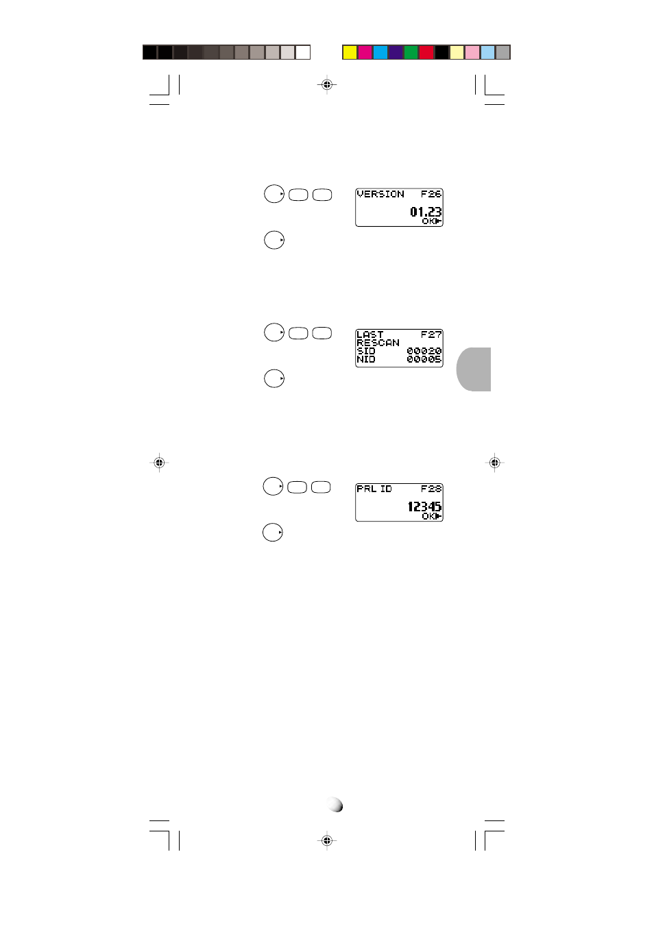Software version review (f26), Last rescan sid indicator (f27), Prl id review (f28) | Audiovox CDM-4000 User Manual | Page 53 / 79