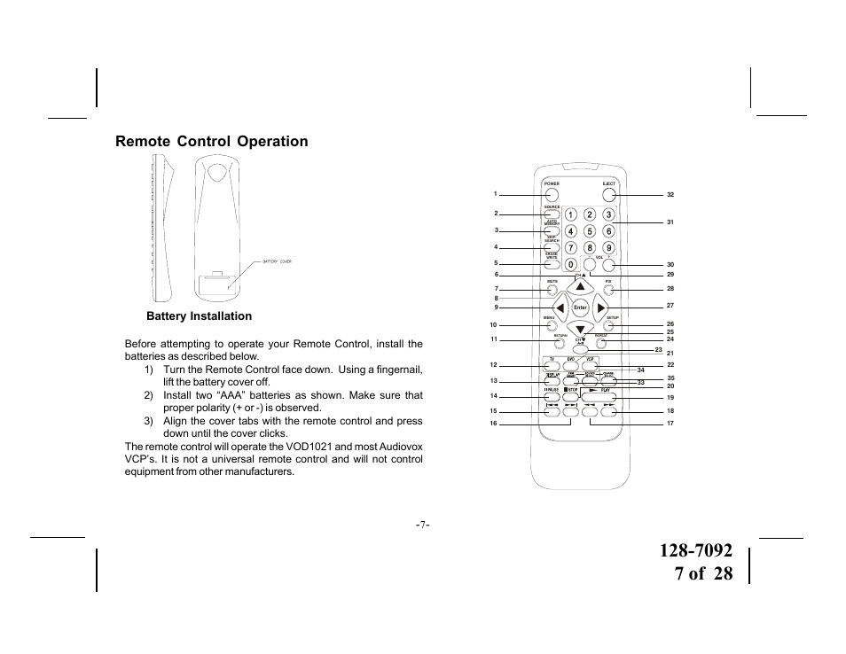Remote control operation, Battery installation | Audiovox VOD1021 User Manual | Page 7 / 28