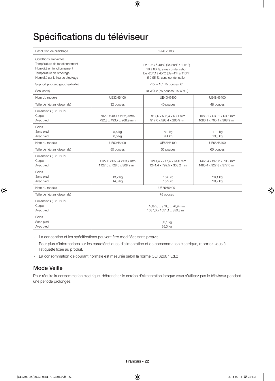 Spécifications du téléviseur, Mode veille | Samsung UE55H6400AW User Manual | Page 44 / 89