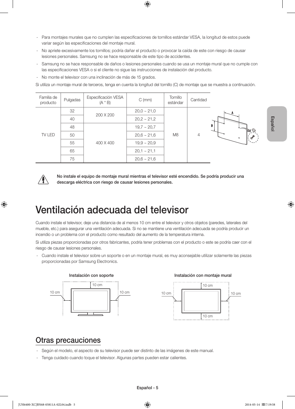Ventilación adecuada del televisor, Otras precauciones | Samsung UE55H6400AW User Manual | Page 49 / 89