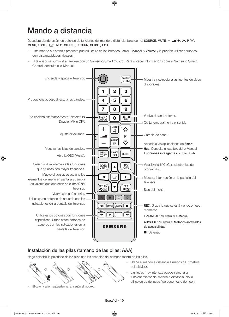 Mando a distancia | Samsung UE55H6400AW User Manual | Page 54 / 89