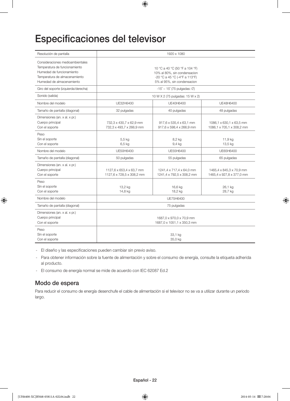 Especificaciones del televisor, Modo de espera | Samsung UE55H6400AW User Manual | Page 66 / 89
