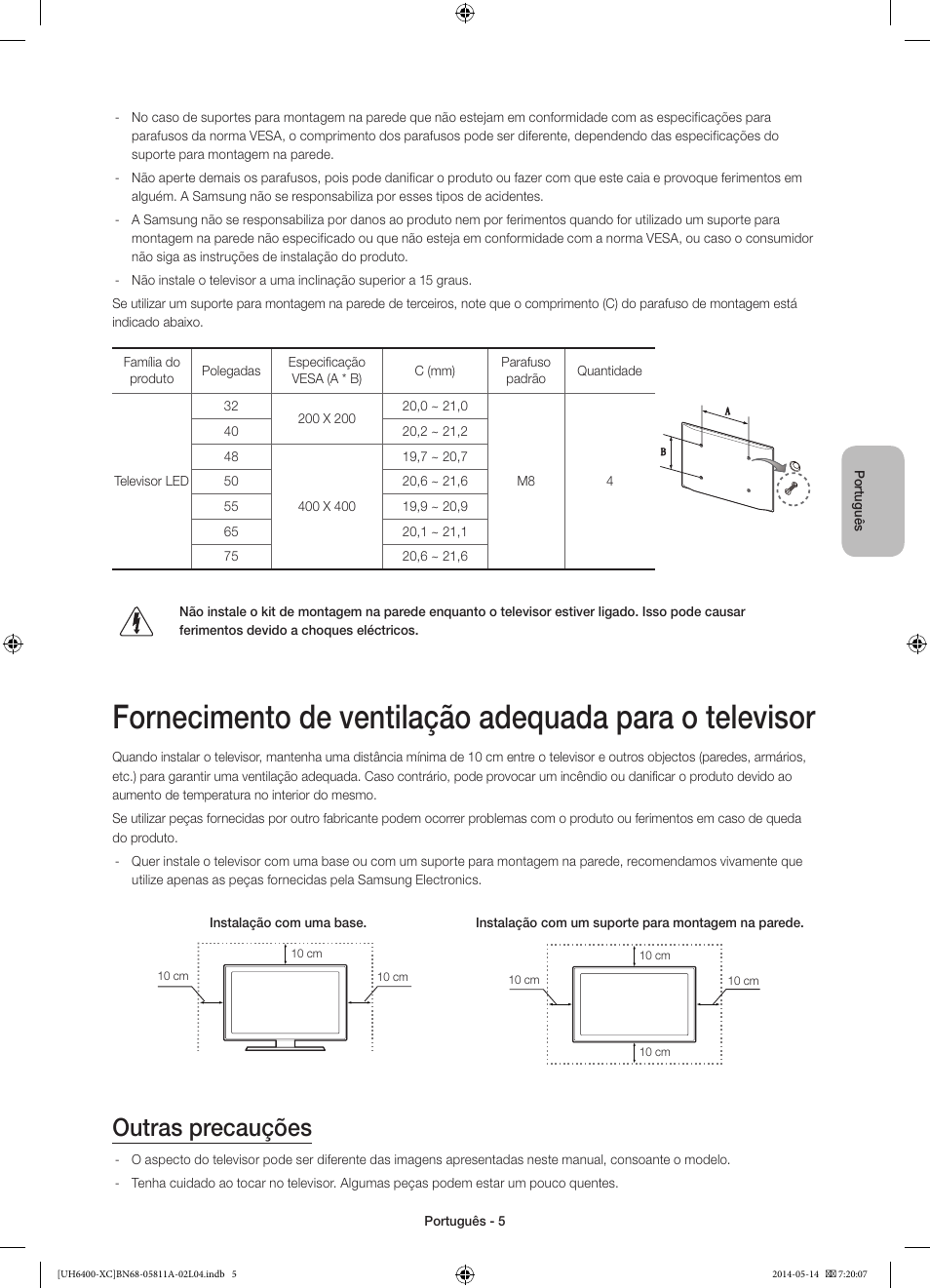Outras precauções | Samsung UE55H6400AW User Manual | Page 71 / 89