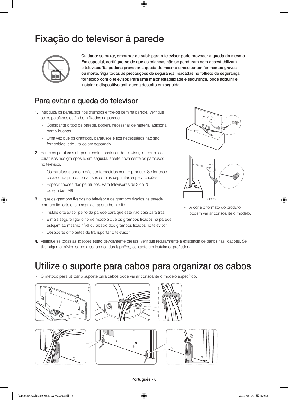 Fixação do televisor à parede, Para evitar a queda do televisor | Samsung UE55H6400AW User Manual | Page 72 / 89