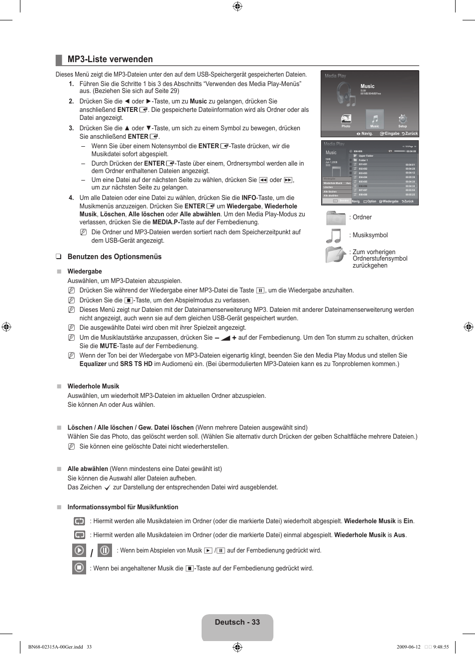 Mp3-liste verwenden, Deutsch - 33, Benutzen des optionsmenüs | Samsung LE32B553M3W User Manual | Page 127 / 422