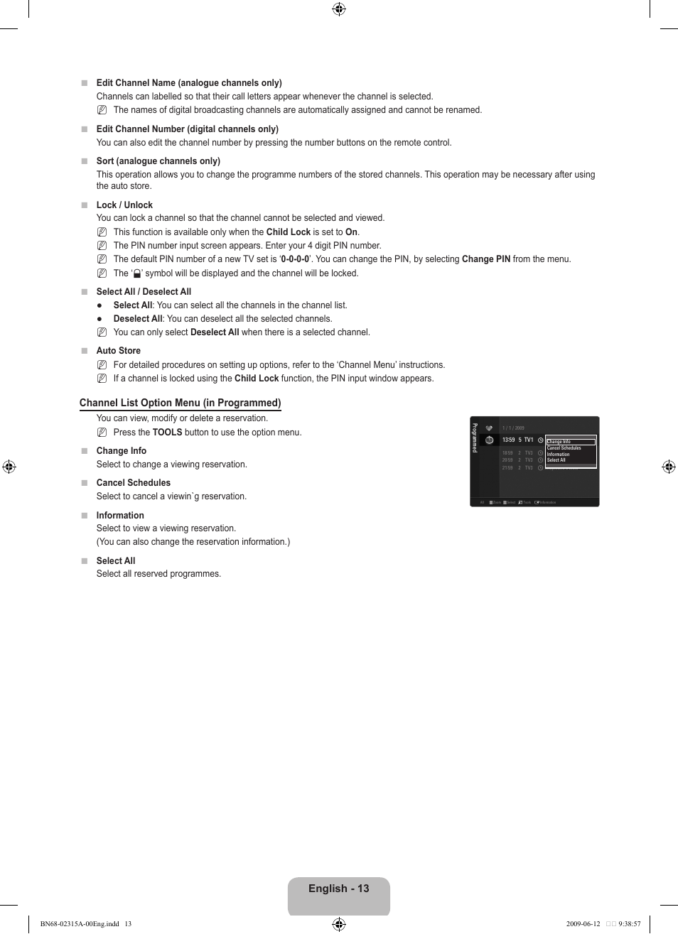 English - 13, Channel list option menu (in programmed) | Samsung LE32B553M3W User Manual | Page 15 / 422