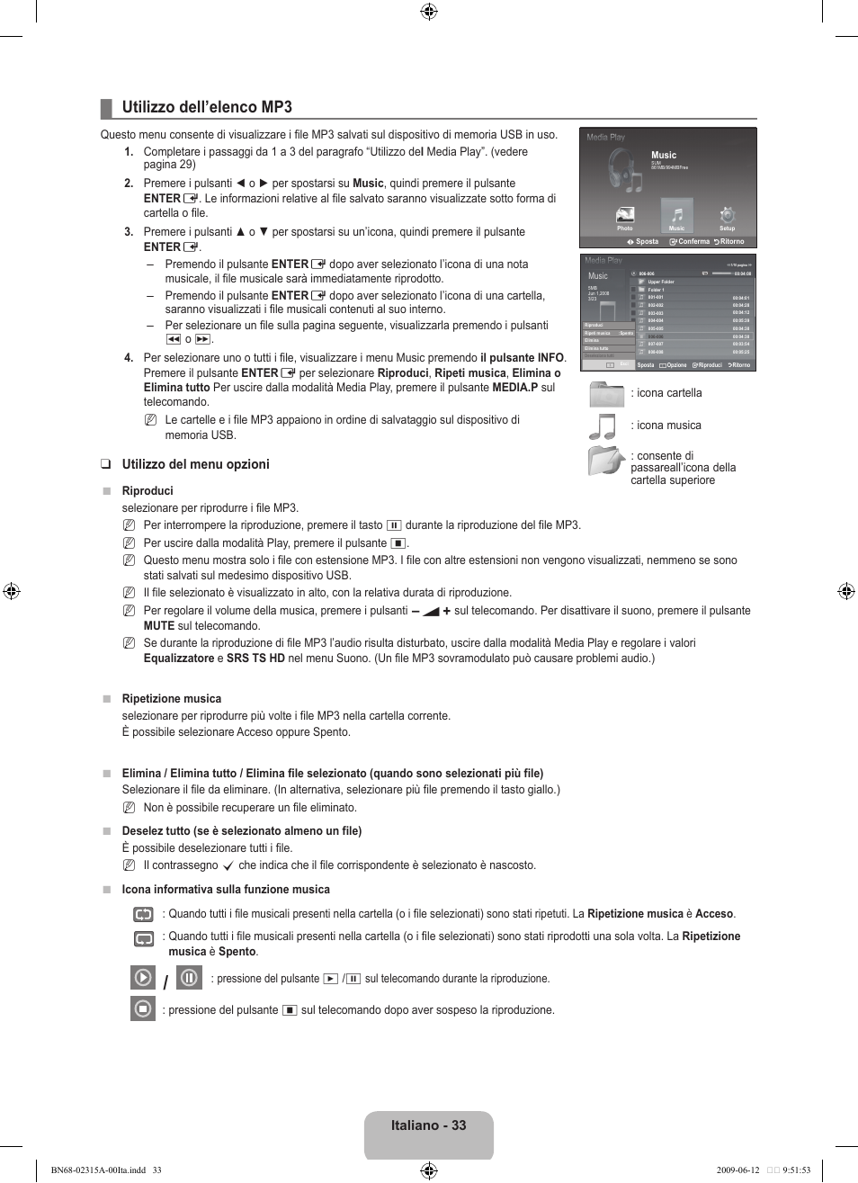 Utilizzo dell’elenco mp3, Italiano - 33, Utilizzo del menu opzioni | Samsung LE32B553M3W User Manual | Page 219 / 422