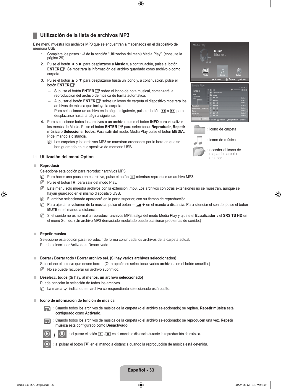 Utilización de la lista de archivos mp3, Español - 33, Utilización del menú option | Samsung LE32B553M3W User Manual | Page 265 / 422