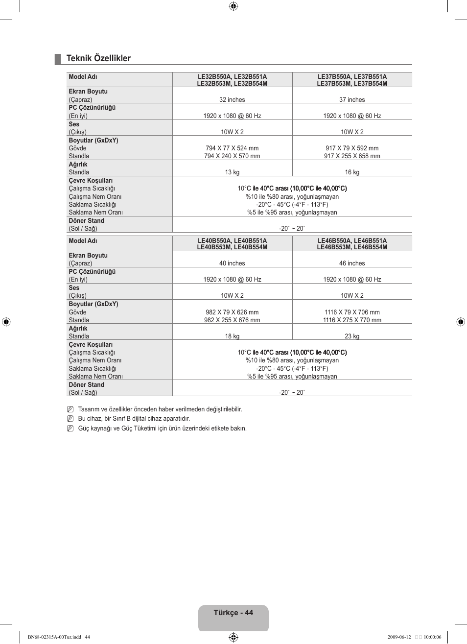 Teknik özellikler | Samsung LE32B553M3W User Manual | Page 414 / 422