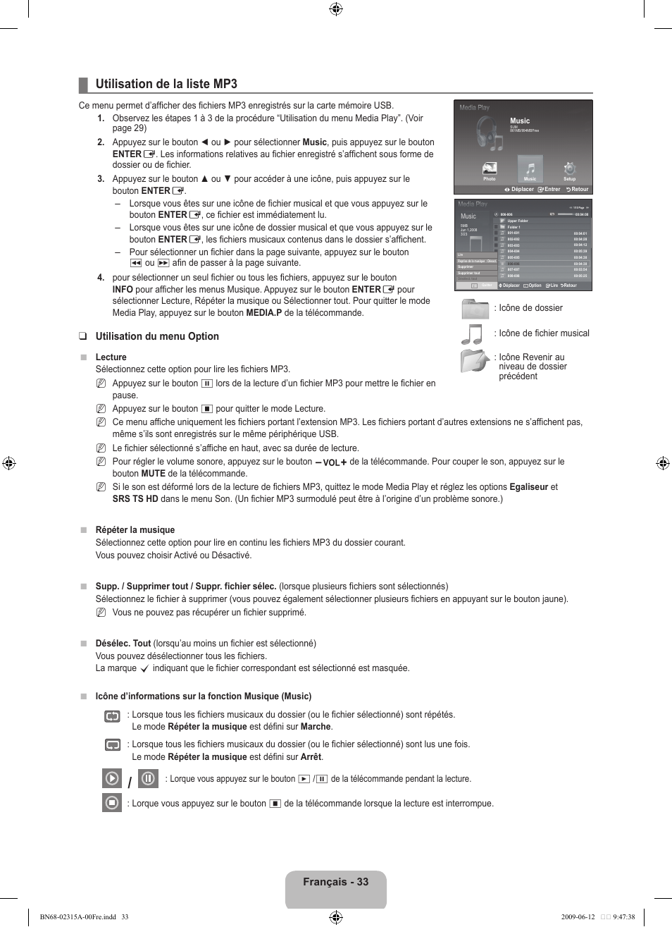Utilisation de la liste mp3, Français - 33, Utilisation du menu option | Samsung LE32B553M3W User Manual | Page 81 / 422