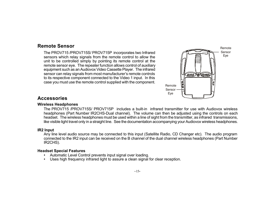 Remote sensor, Accessories | Audiovox PROV715S User Manual | Page 15 / 31