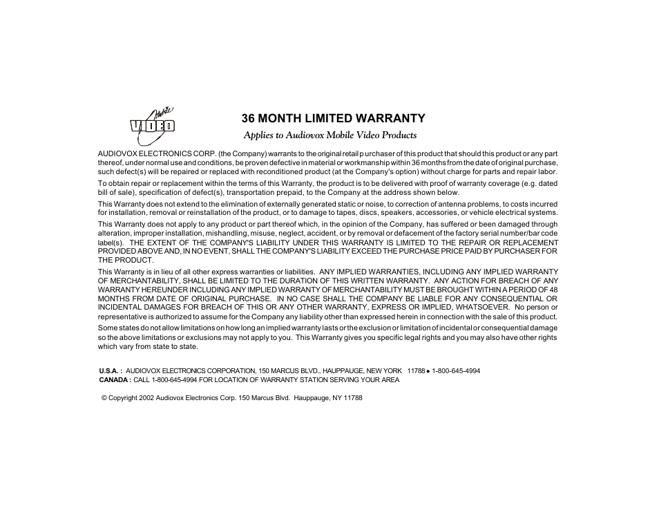36 month limited warranty, Applies to audiovox mobile video products | Audiovox PROV715S User Manual | Page 30 / 31