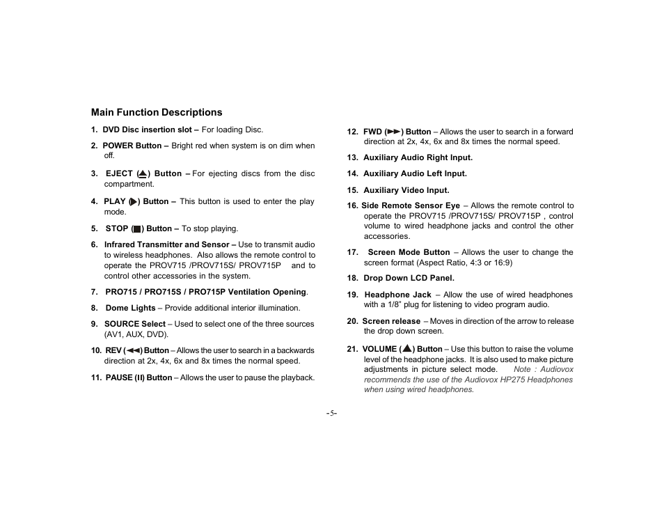 Audiovox PROV715S User Manual | Page 5 / 31