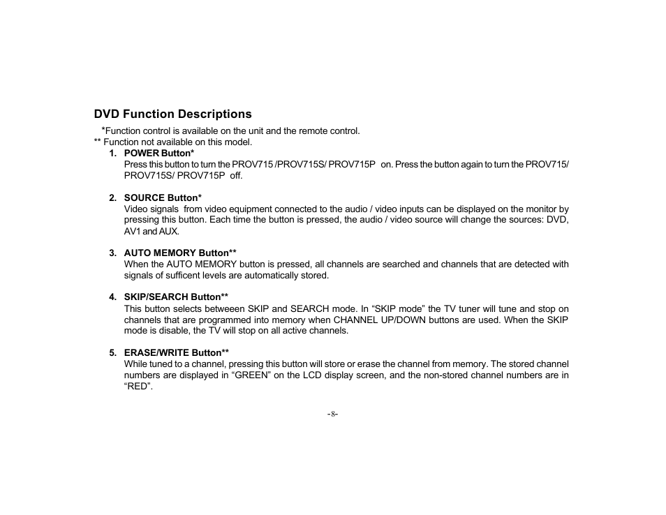 Dvd function descriptions | Audiovox PROV715S User Manual | Page 8 / 31