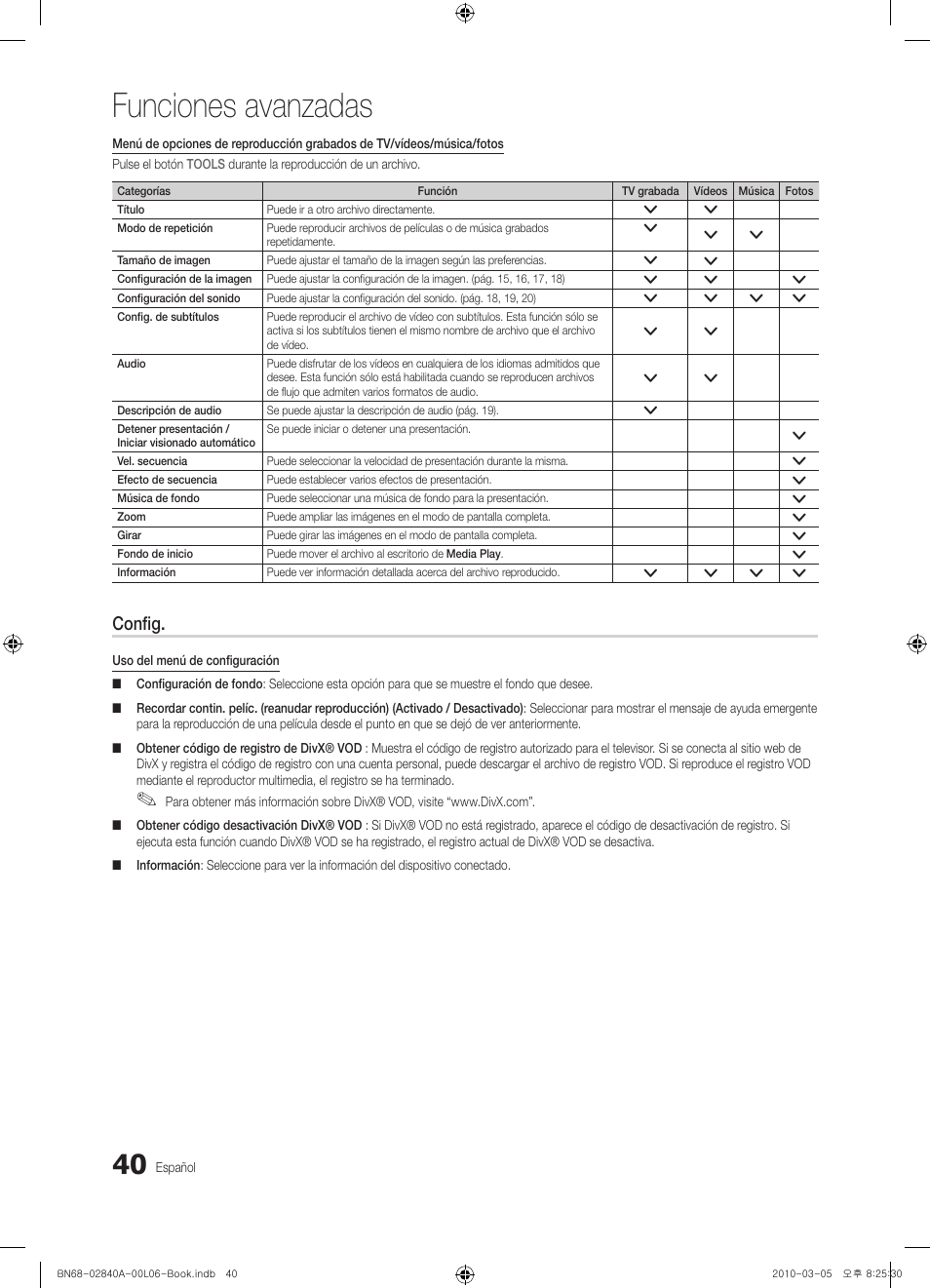 Funciones avanzadas, Config | Samsung UE40C6600UW User Manual | Page 160 / 362