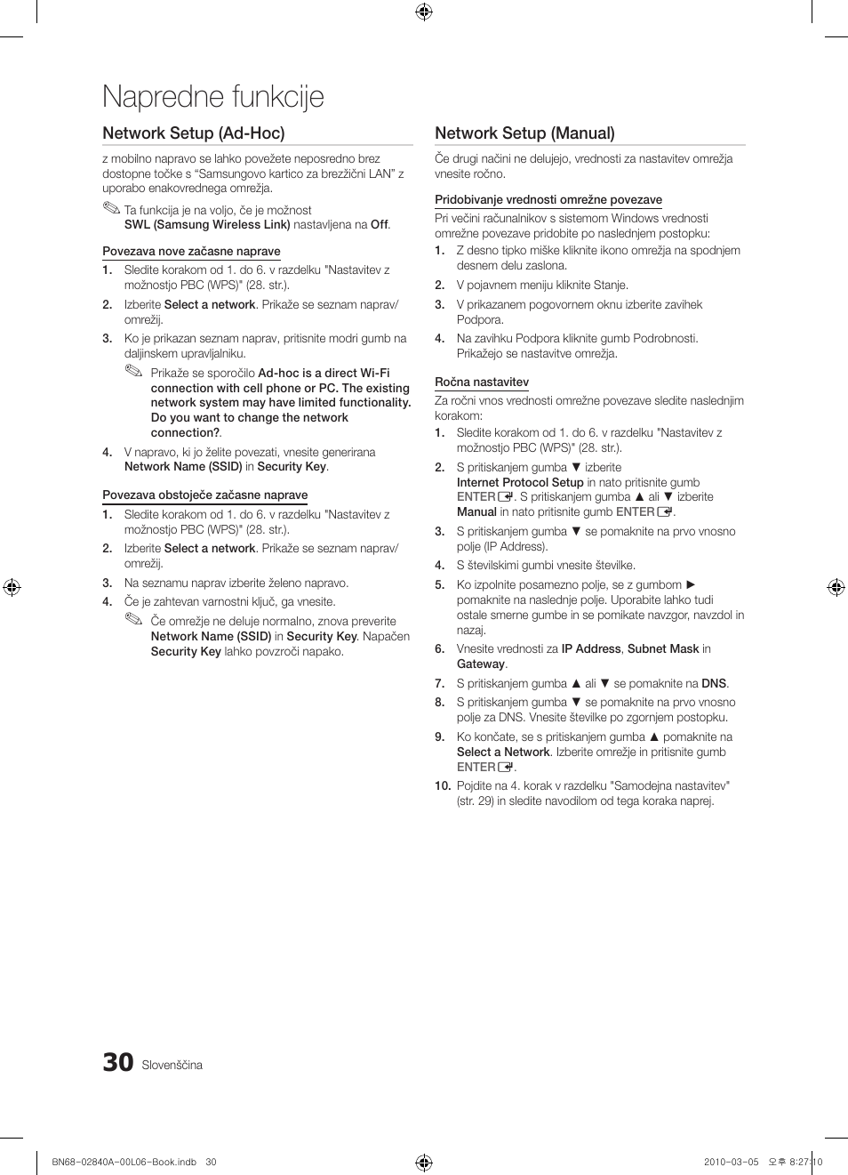 Napredne funkcije, Network setup (ad-hoc), Network setup (manual) | Samsung UE40C6600UW User Manual | Page 270 / 362