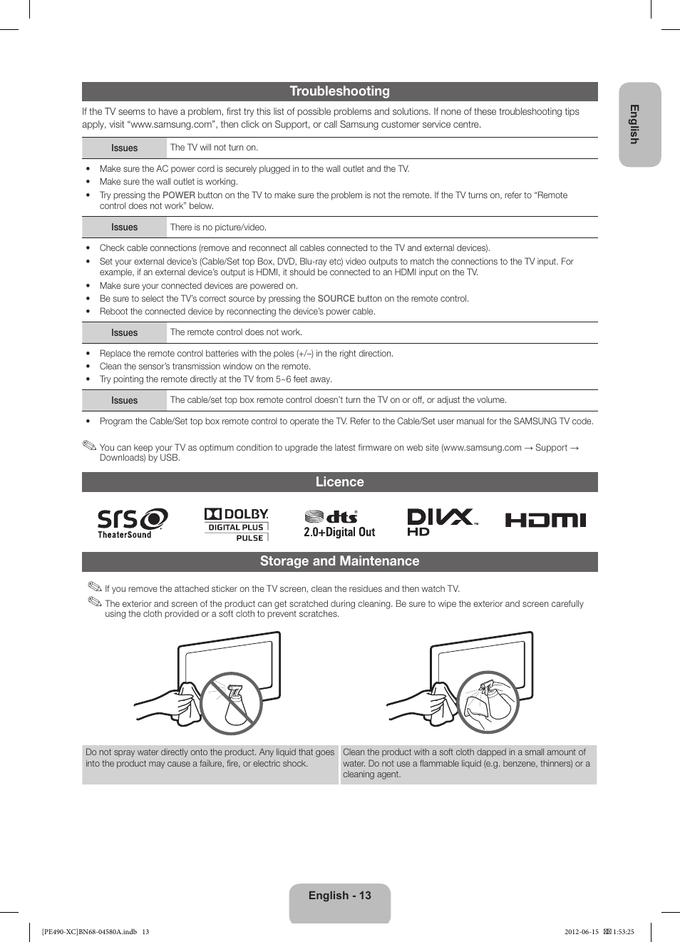 Troubleshooting, Licence storage and maintenance | Samsung PS51E490B1W User Manual | Page 13 / 57