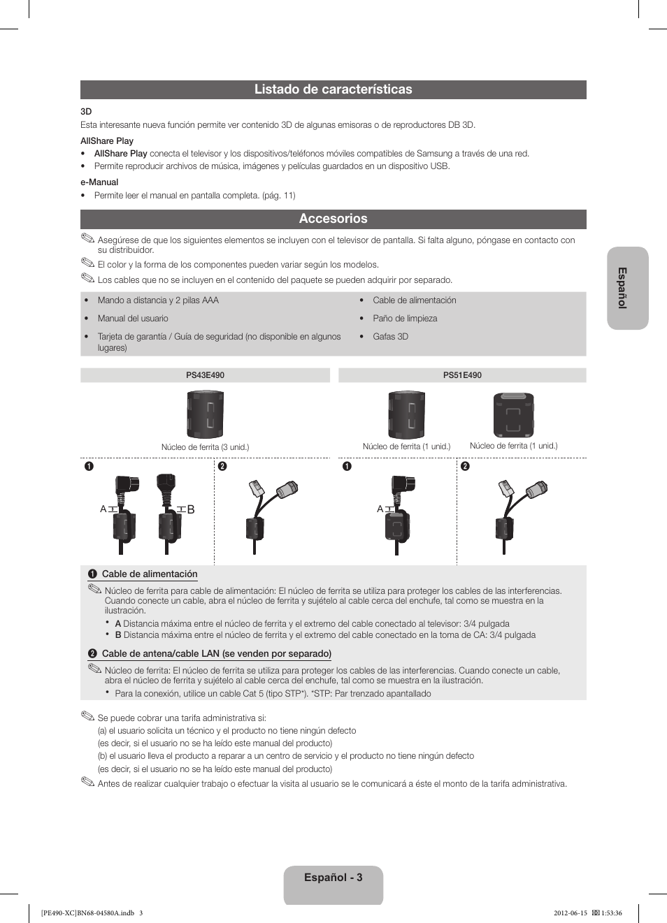 Listado de características, Accesorios | Samsung PS51E490B1W User Manual | Page 31 / 57