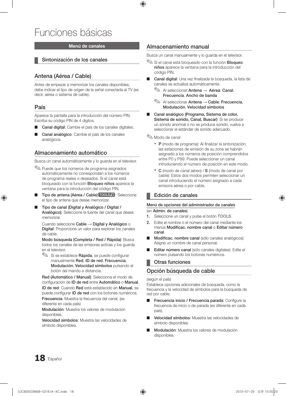 Funciones básicas, Antena (aérea / cable), País | Almacenamiento automático, Almacenamiento manual, Opción búsqueda de cable | Samsung UE46C9000ZW User Manual | Page 146 / 386
