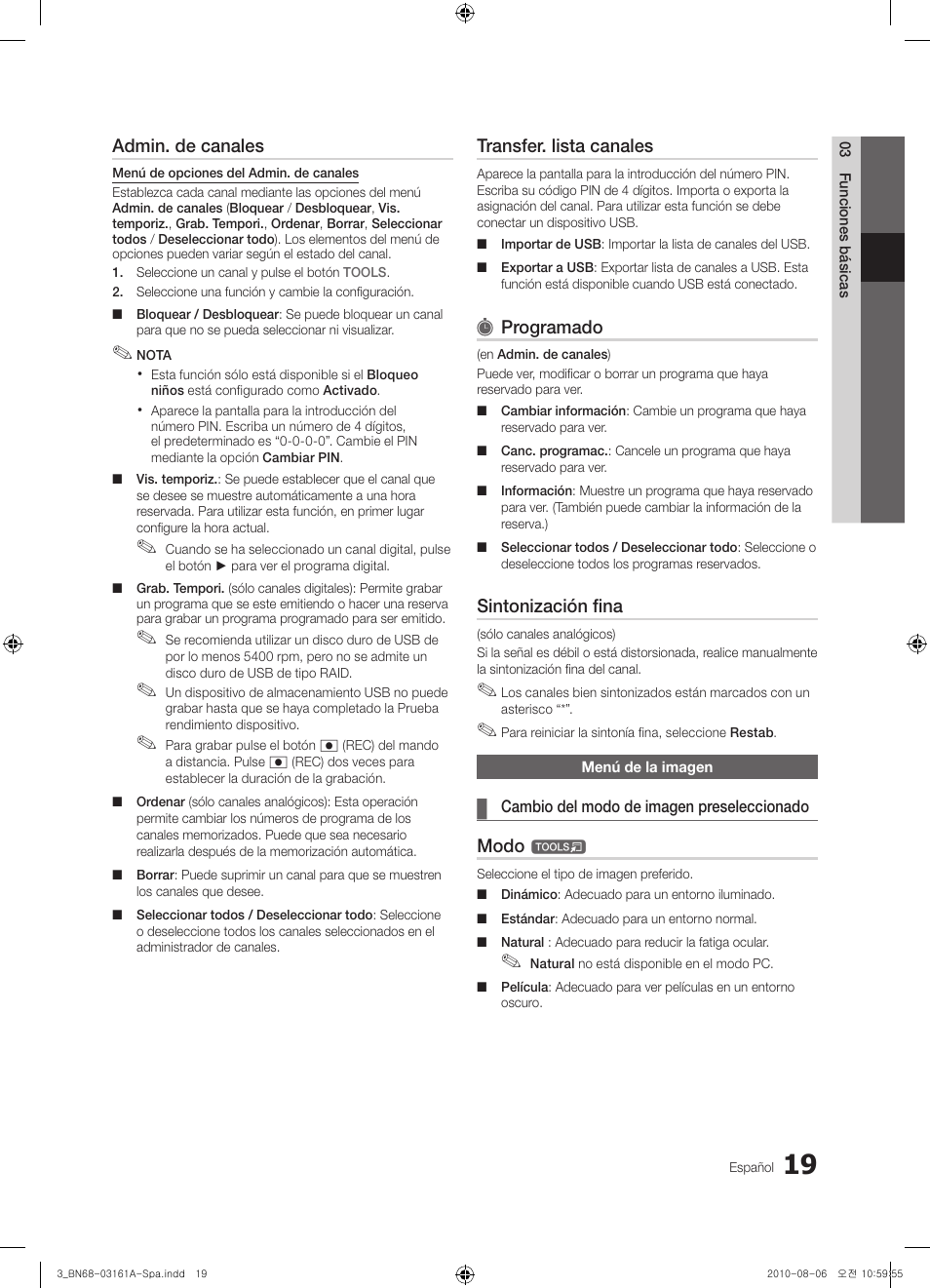 Admin. de canales, Transfer. lista canales, Programado | Sintonización fina, Modo | Samsung UE46C9000ZW User Manual | Page 147 / 386