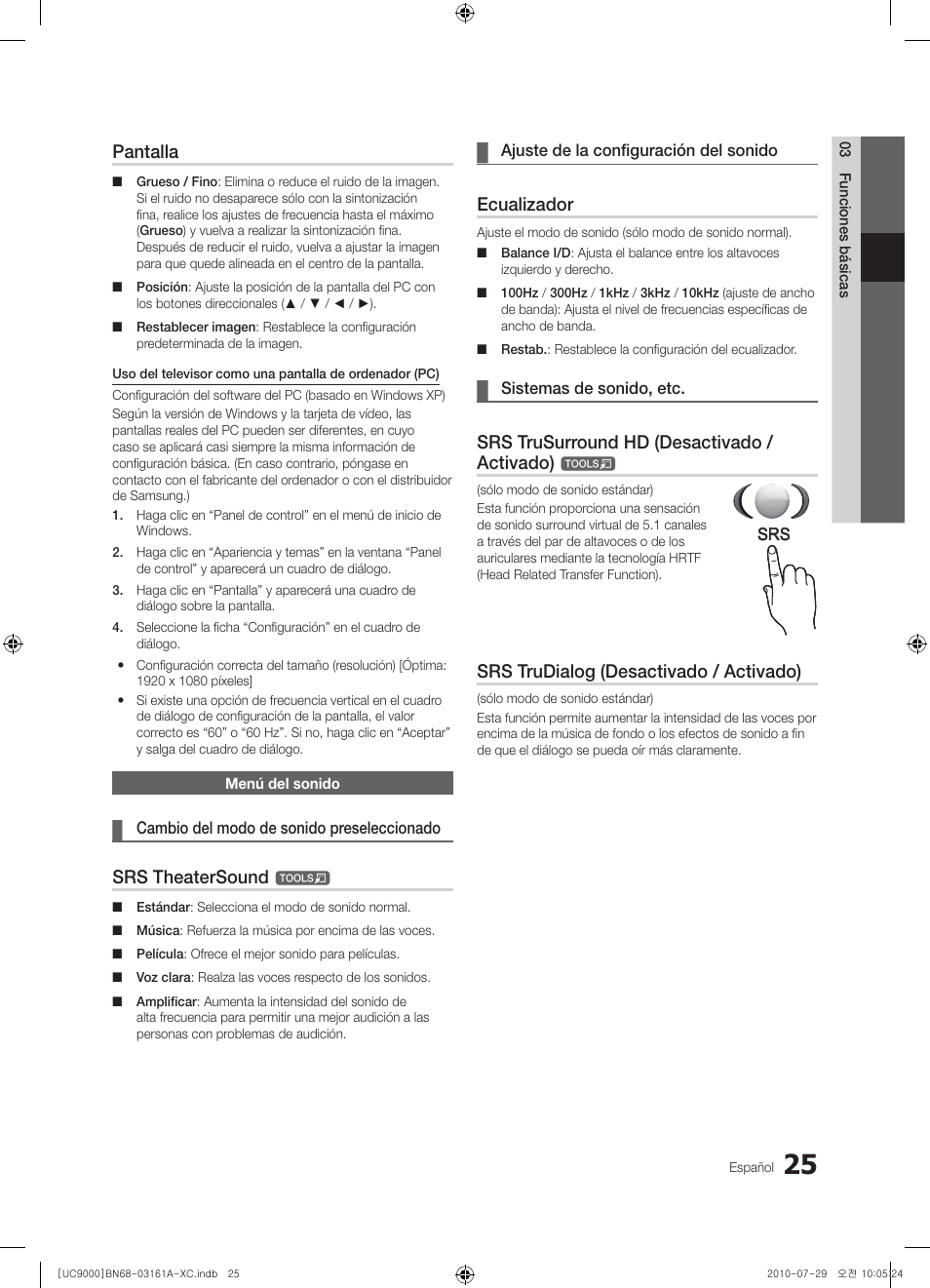 Pantalla, Srs theatersound, Ecualizador | Srs trusurround hd (desactivado / activado), Srs trudialog (desactivado / activado) | Samsung UE46C9000ZW User Manual | Page 153 / 386